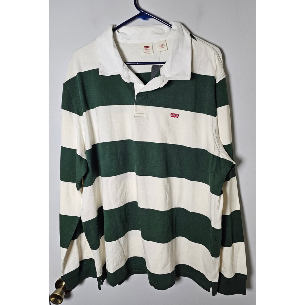Levis Mens Relaxed Fit Classic Rugby Shirt Green White Striped Size XL New
